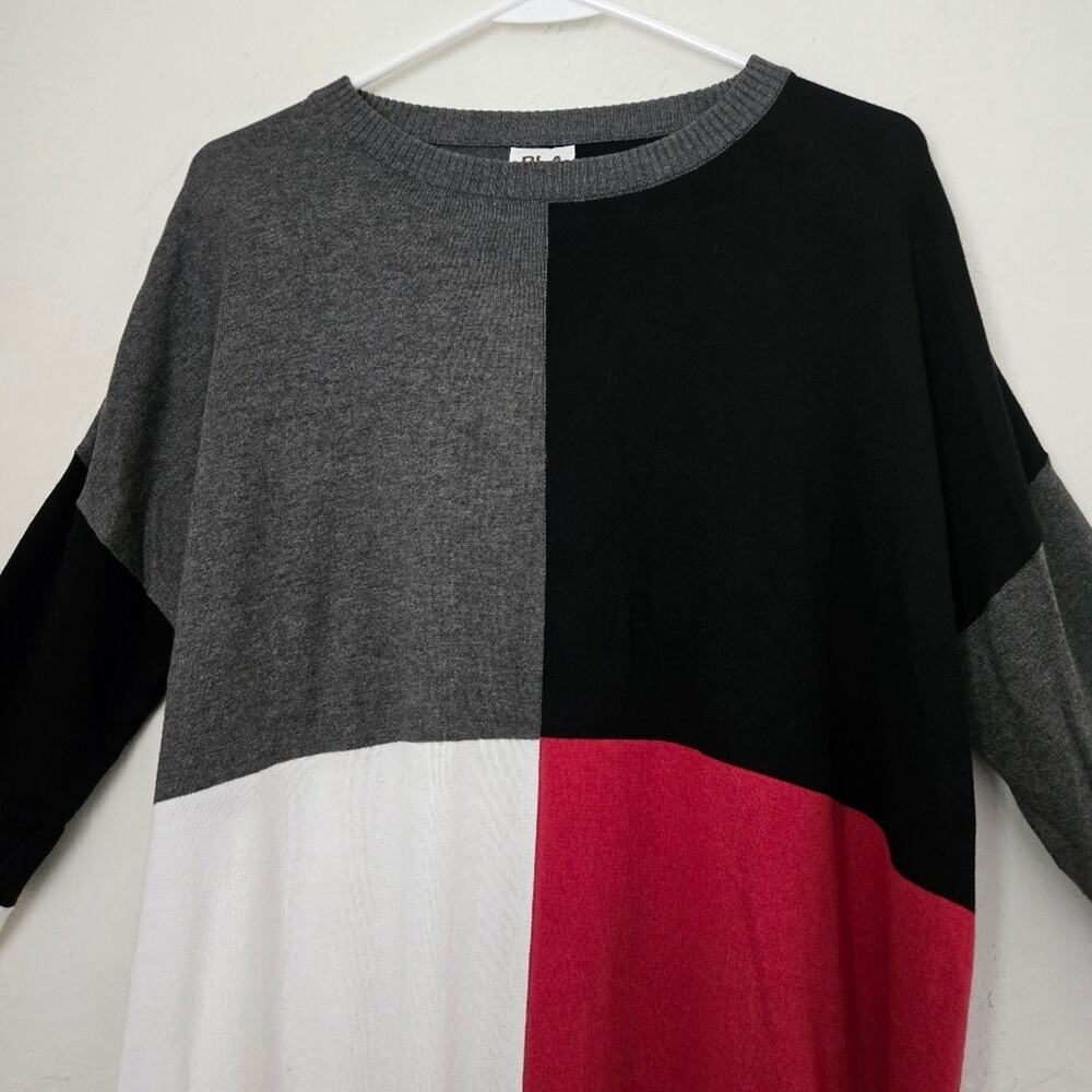 Planet by Lauren G Colorblock Pima Cotton Sweater - Gray Black Red OS - Picture 5 of 11